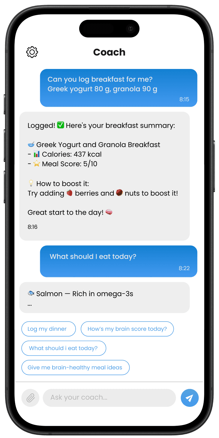 Helibrain AI coach chat answering questions about habits and nutrition with personalized responses